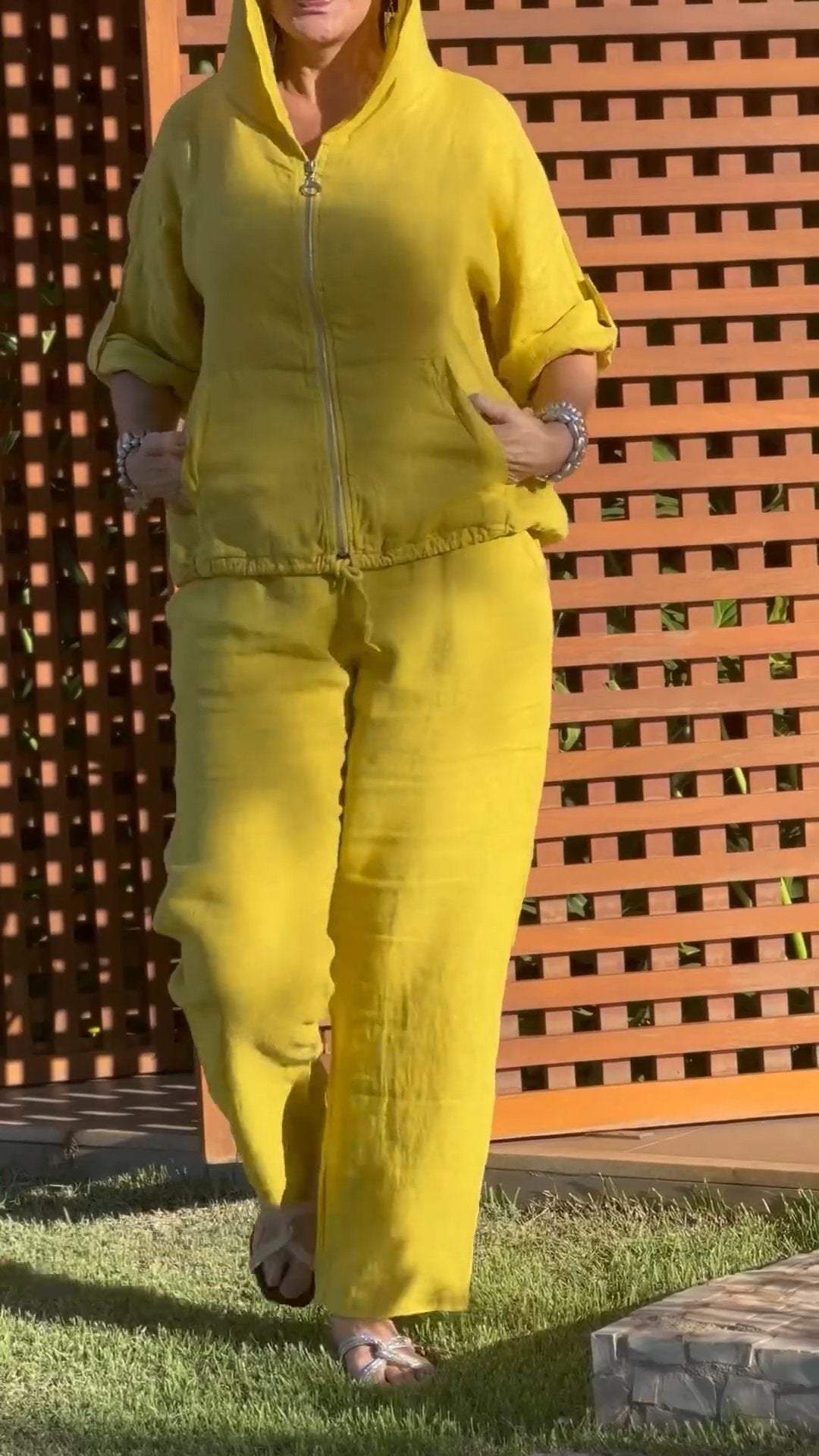 Ensemble Femme Coton Lin Capuche Zippée Coupe Ample