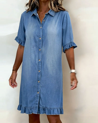 Robe Femme Denim Confortable Boutons et Volants