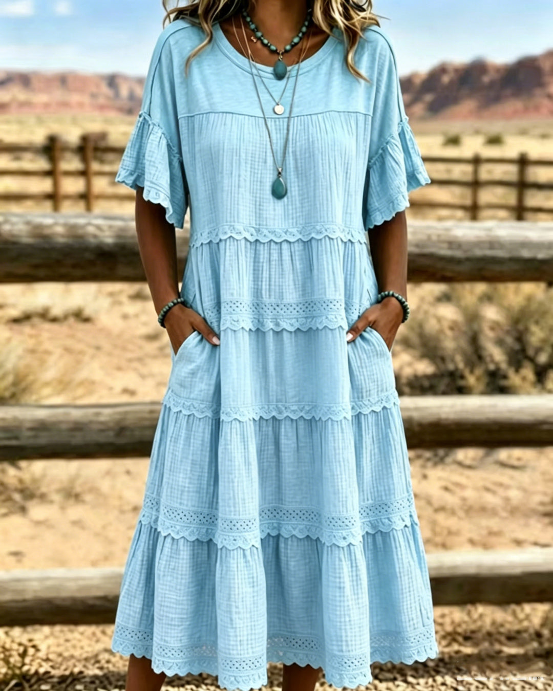 Robe midi Femme Coton Lin Volants Délicats - PanierRoyale