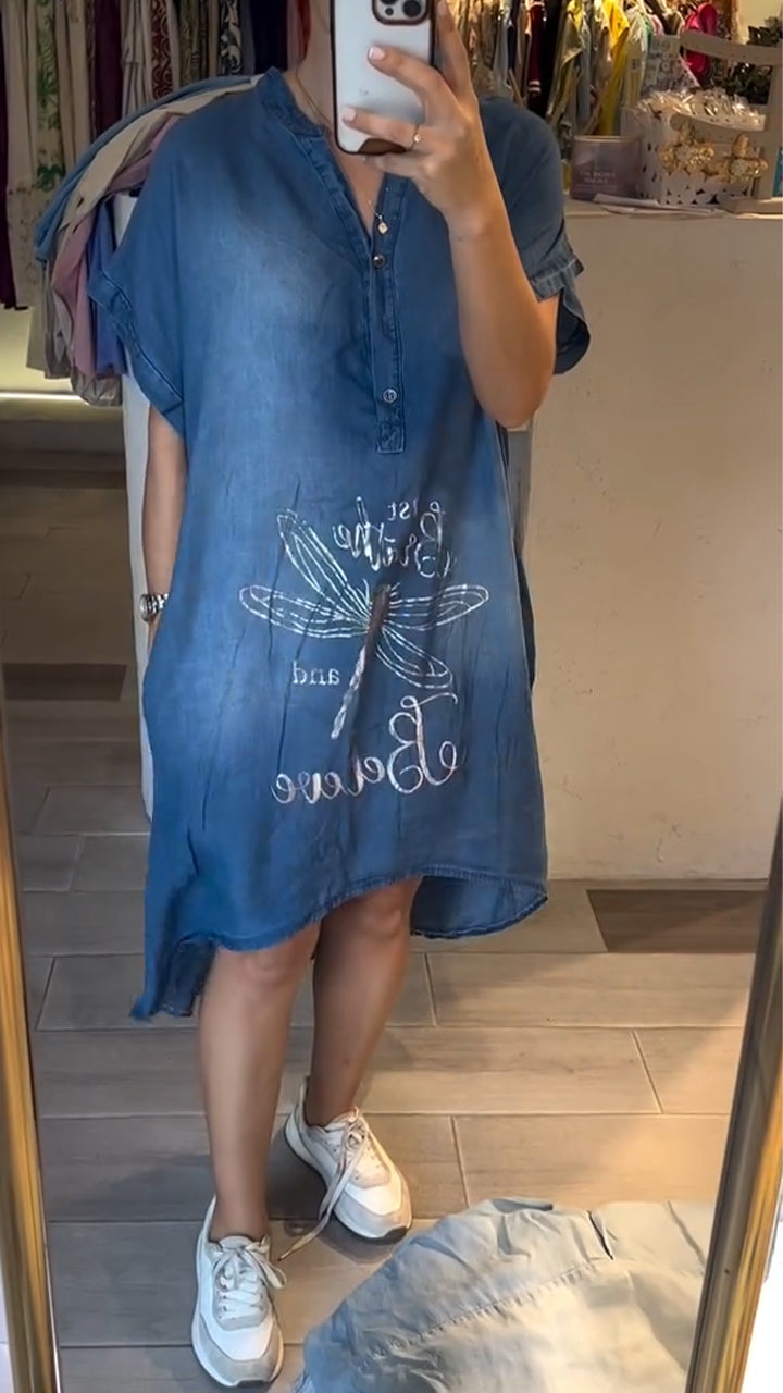 Robe Femme Jean Coupe Ample Col V Boutonnée Manches Longues - PanierRoyale