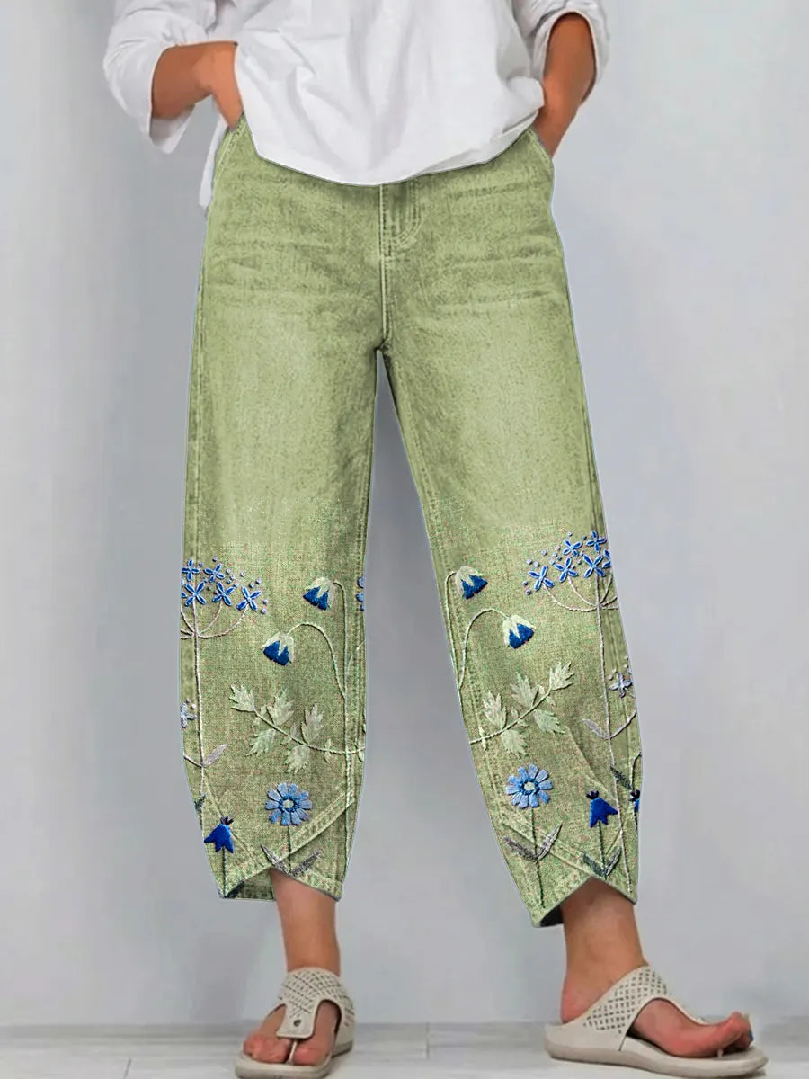 Pantalon Denim Femme Broderie Florale Coupe Droite Style Boho