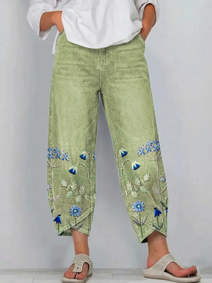 Pantalon Denim Femme Broderie Florale Coupe Droite Style Boho