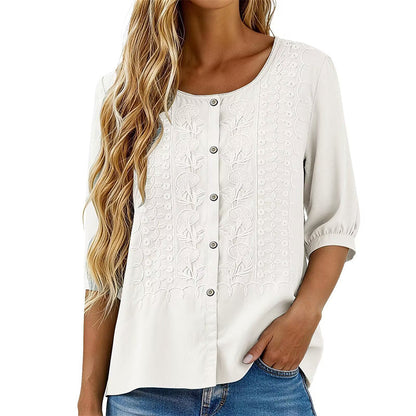 Blouse Femme Coton Lin Brodée Manches Longues