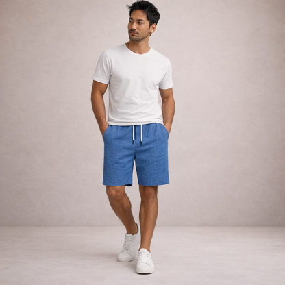 Short Homme Lin Mélangé Taille Cordon Coupe Décontractée