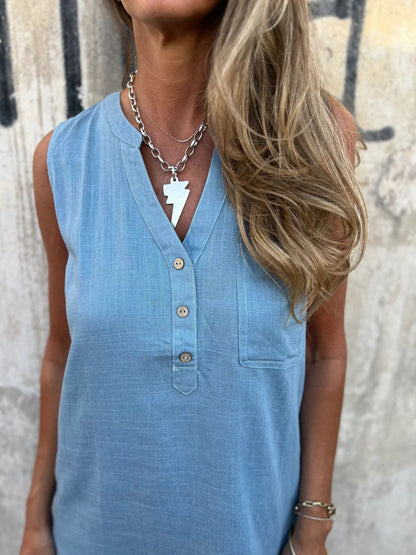 Robe Femme Coton Lin Coupe Ajustée Col V Manches Longues