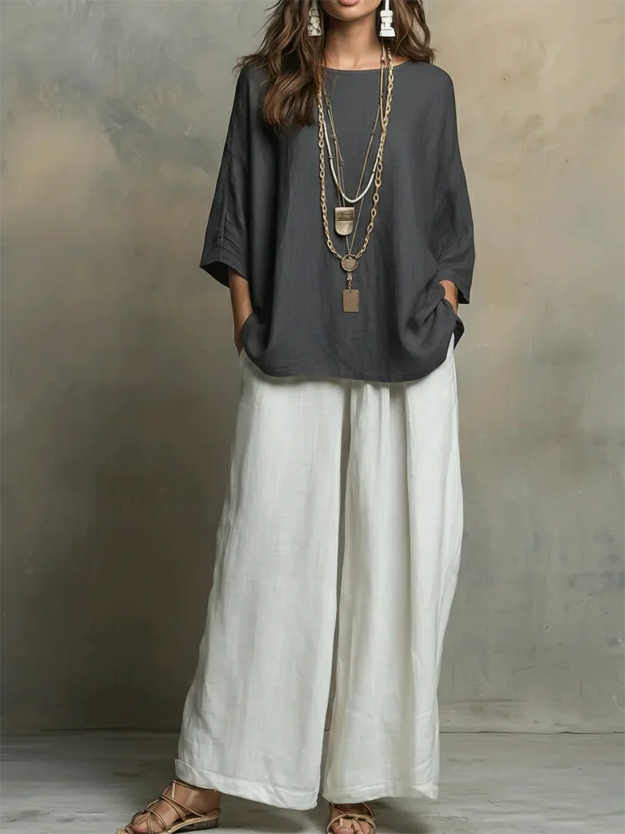 Ensemble Femme Lin Deux Pièces Coupe Ample Style Décontracté