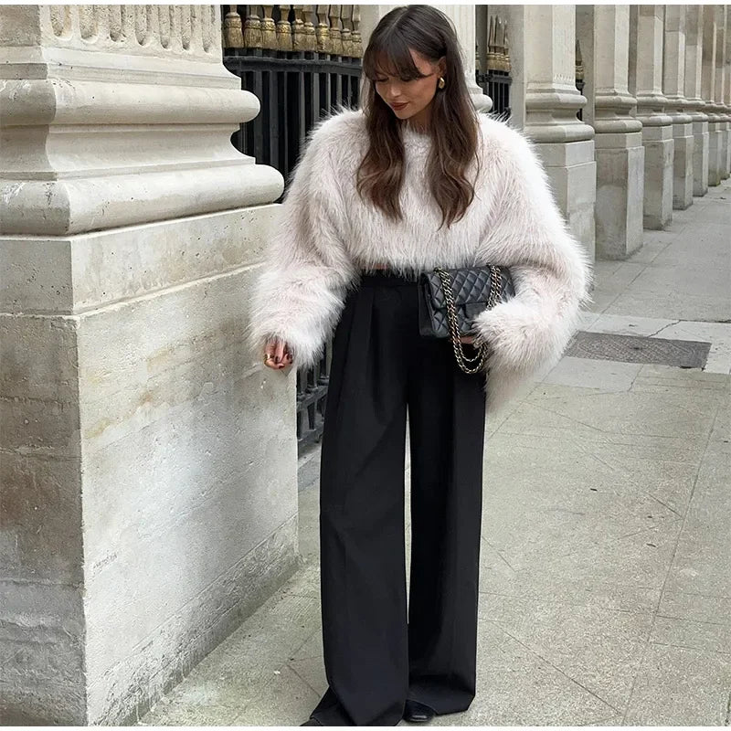 Pullover Femme Épaules Découvertes en Fausse Fourrure