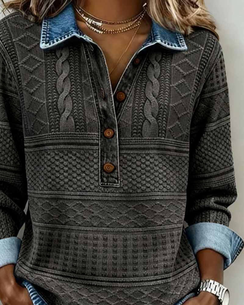 Haut Femme Maille Effet Denim Col Polo Coupe Décontractée