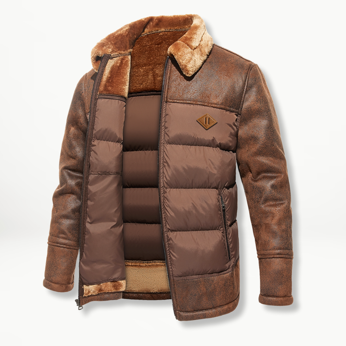 Parka Hiver Homme Cuir Artificiel et Col en Fourrure