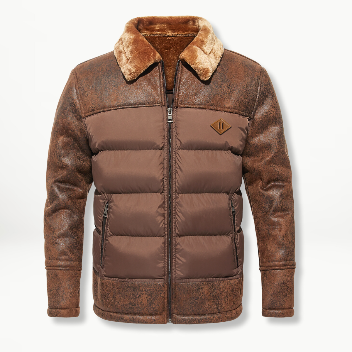 Parka Hiver Homme Cuir Artificiel et Col en Fourrure