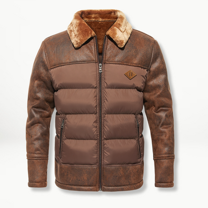 Parka Hiver Homme Cuir Artificiel et Col en Fourrure