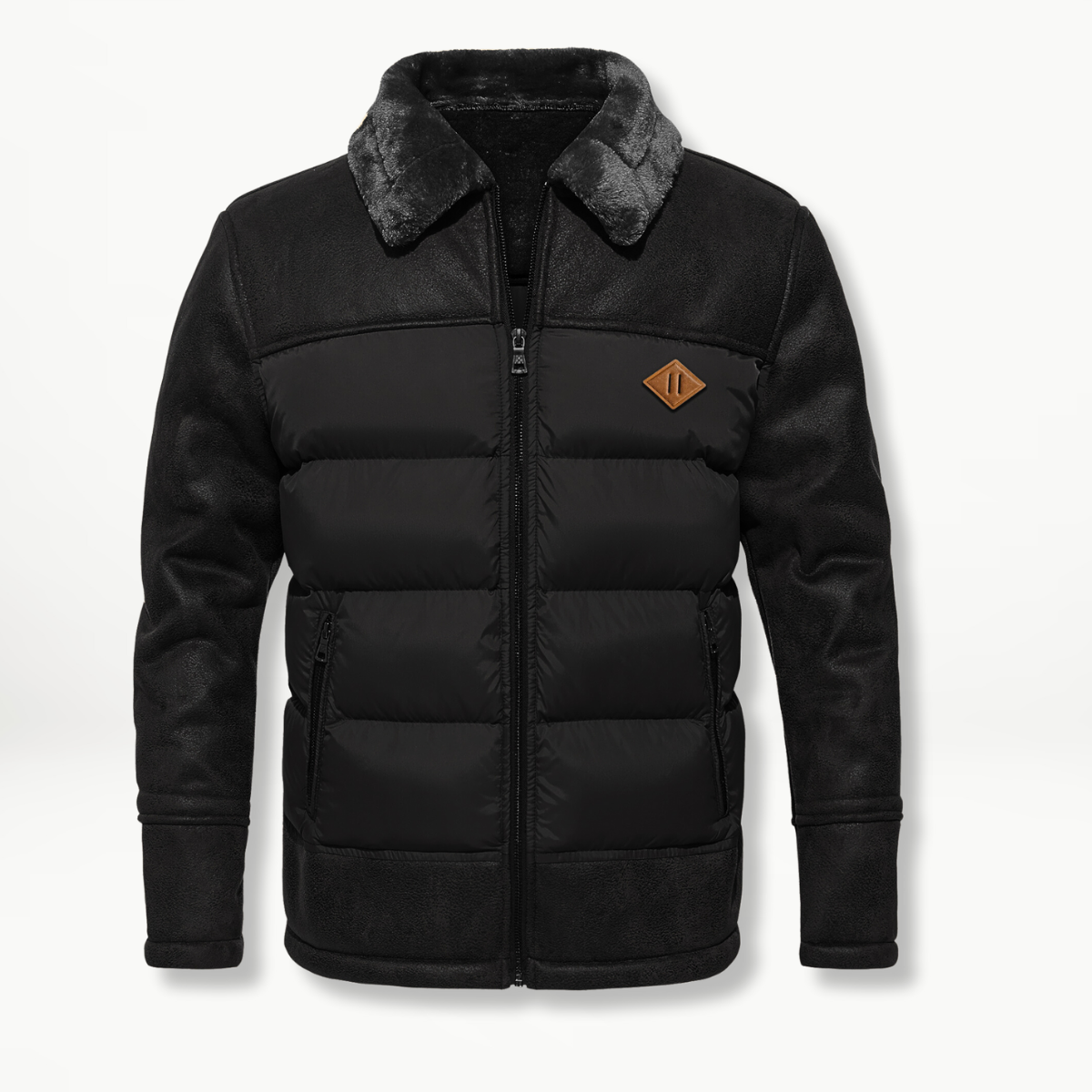 Parka Hiver Homme Cuir Artificiel et Col en Fourrure