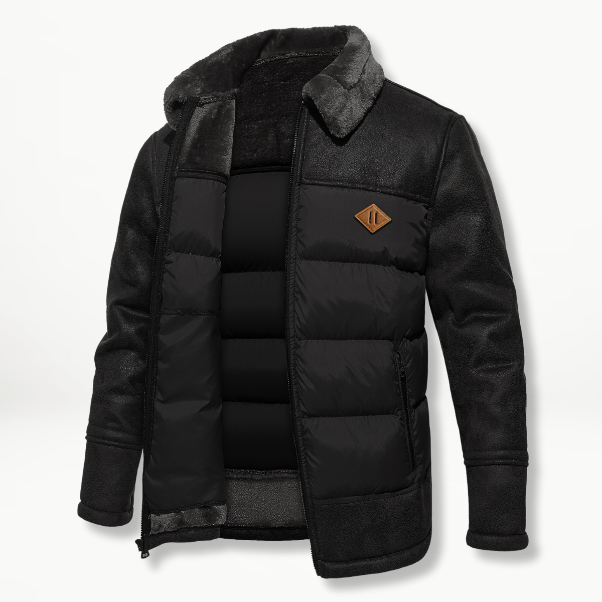 Parka Hiver Homme Cuir Artificiel et Col en Fourrure