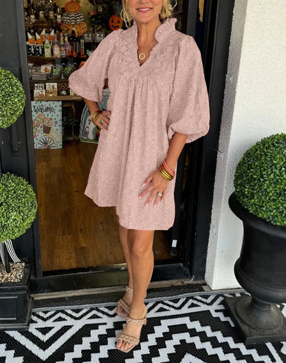 Robe Courte Femme Jacquard Col V Manches Bouffantes