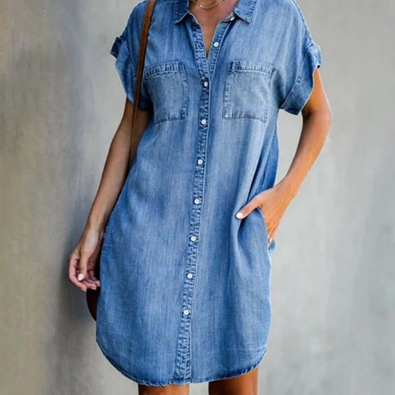 Robe Chemise Femme en Jean Boutonnée Coupe Ample Manches Longues - PanierRoyale