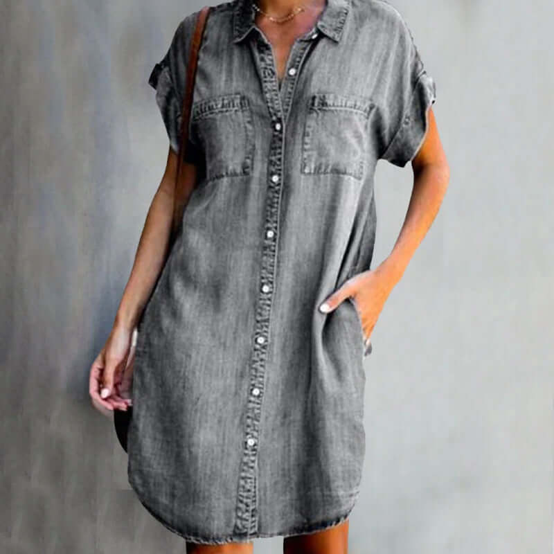Robe Chemise Femme en Jean Boutonnée Coupe Ample Manches Longues