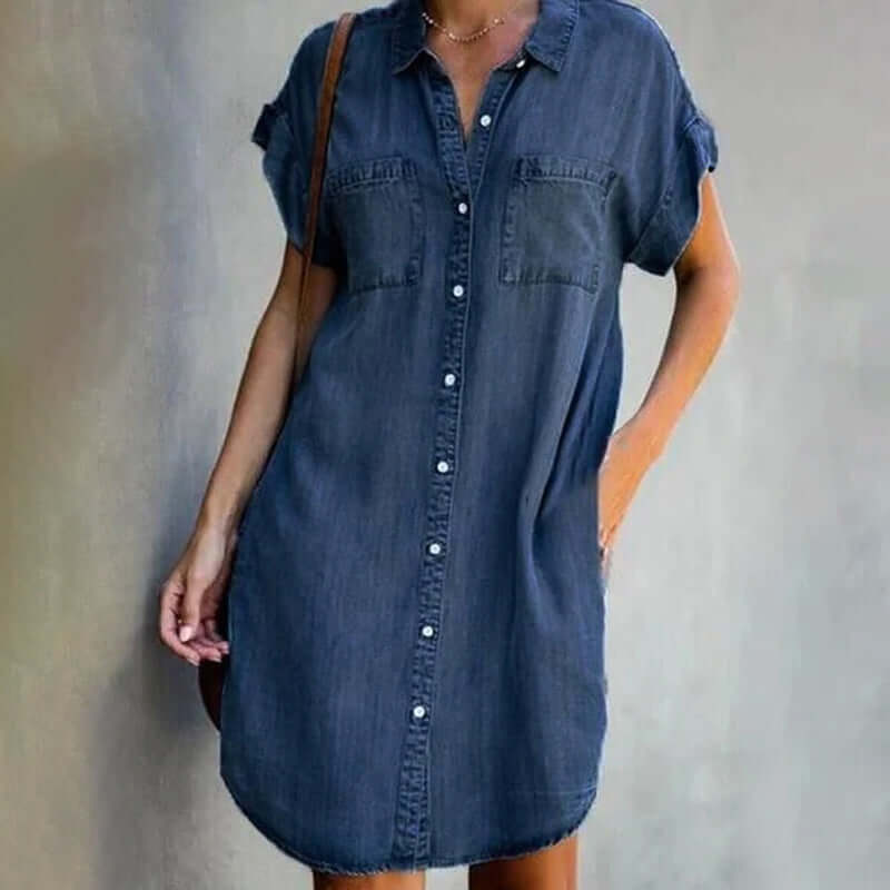 Robe Chemise Femme en Jean Boutonnée Coupe Ample Manches Longues