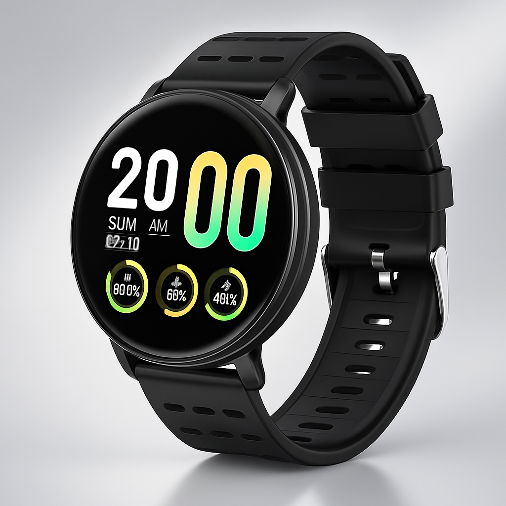 Montre Connectée Noir Écran Rond avec Bracelet Caoutchouc Souple - PanierRoyale
