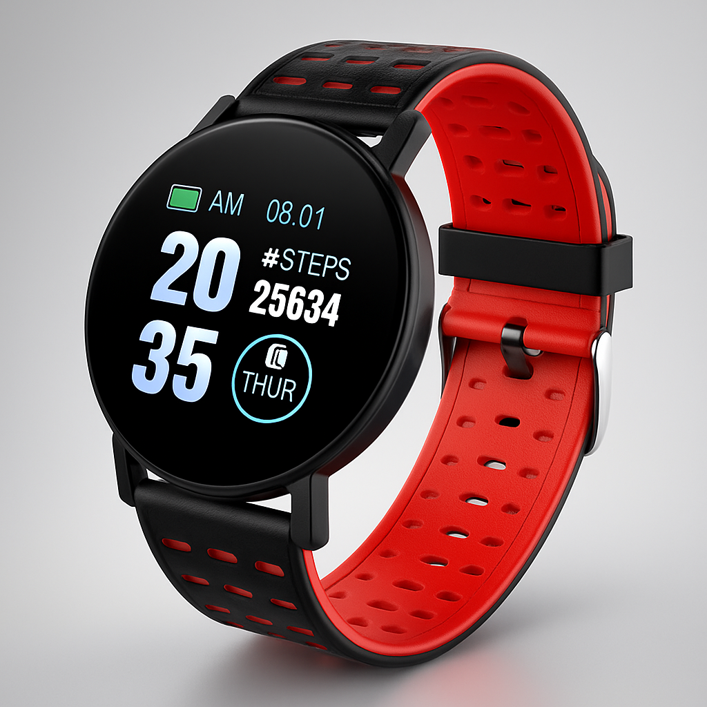 Montre Connectée Noir Écran Rond avec Bracelet Caoutchouc Souple