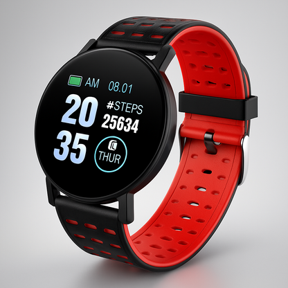 Montre Connectée Noir Écran Rond avec Bracelet Caoutchouc Souple