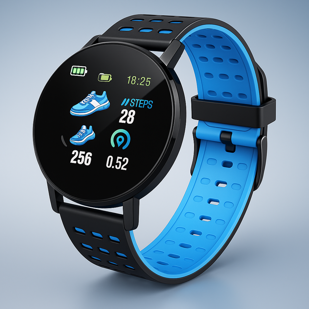 Montre Connectée Noir Écran Rond avec Bracelet Caoutchouc Souple