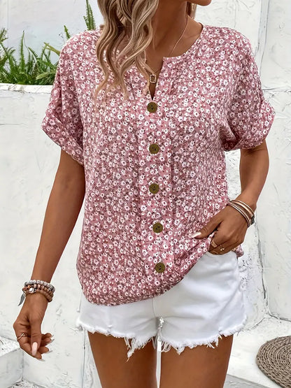 Blouse Été Fleuri Décontractée à Boutons