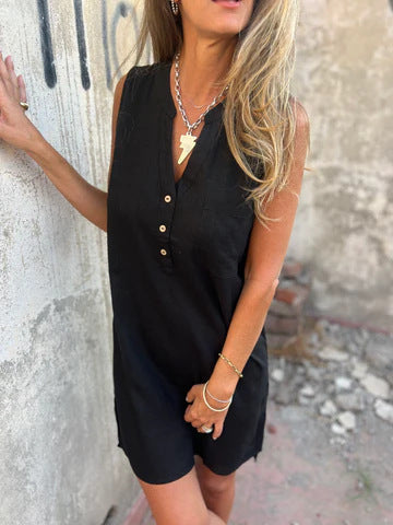 Robe Femme Coton Lin Coupe Ajustée Col V Manches Longues