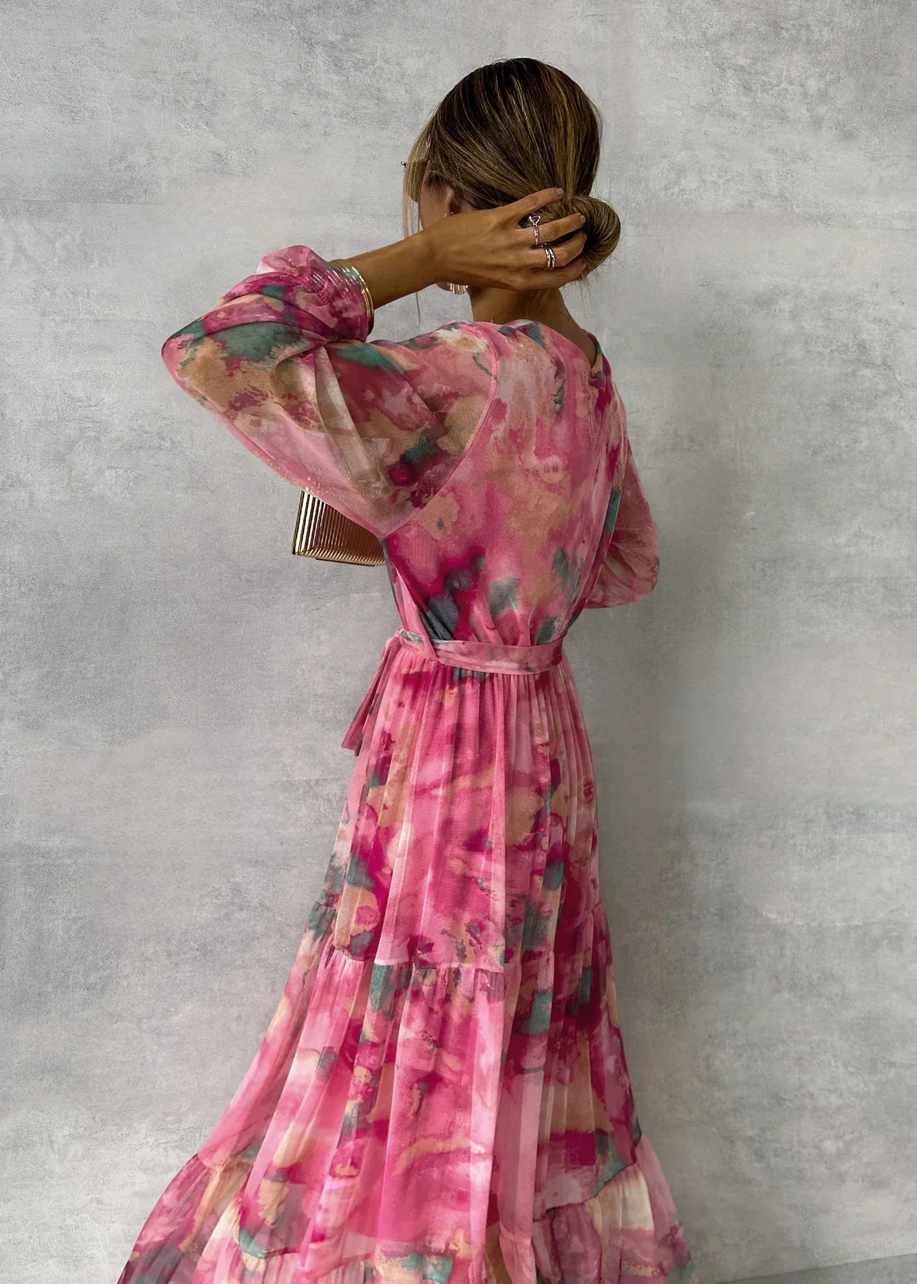 Robe Femme Longue Plissée Fleurs avec Ceinture