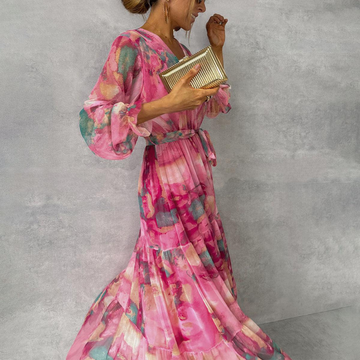Robe Femme Longue Plissée Fleurs avec Ceinture