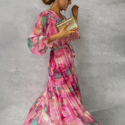 Robe Femme Longue Plissée Fleurs avec Ceinture