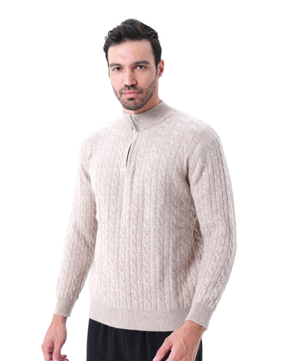 Pull Homme Châle Câble Tricot Épais et Doux au Col Zip