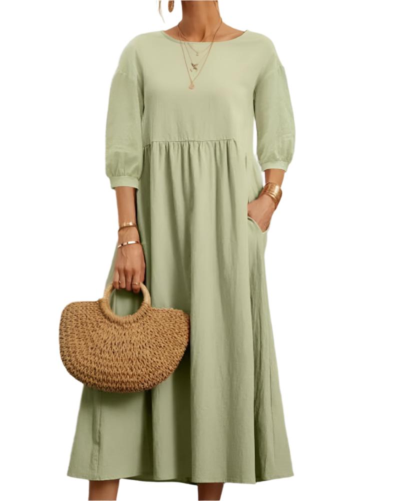 Robe Femme Été en Coton Léger, Col Rond et Manches Courtes