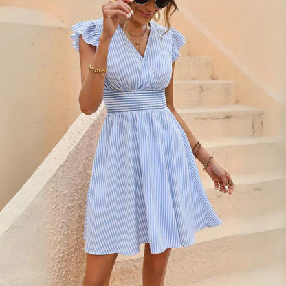Robe Été Rayée pour Femme avec Manches Bouffantes et Dentelle