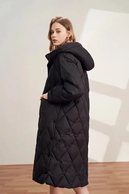 Manteau femme long à capuche avec doublure chauffante