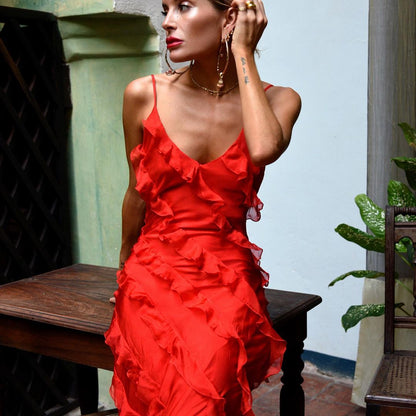 Robe du Soir Évasée avec Ruches et Bretelles Fines