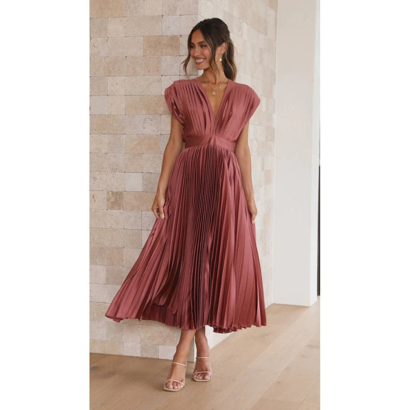 Robe Plissée Midi Élégante avec Décolleté Profond