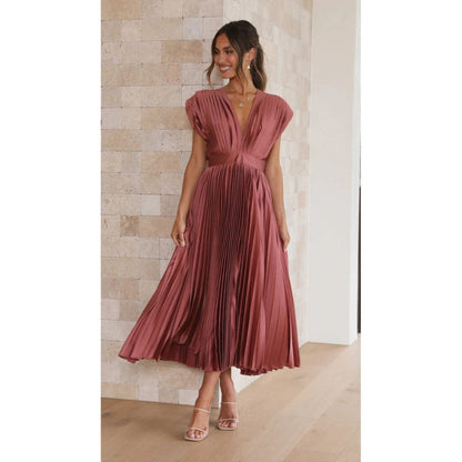 Robe Plissée Midi Élégante avec Décolleté Profond
