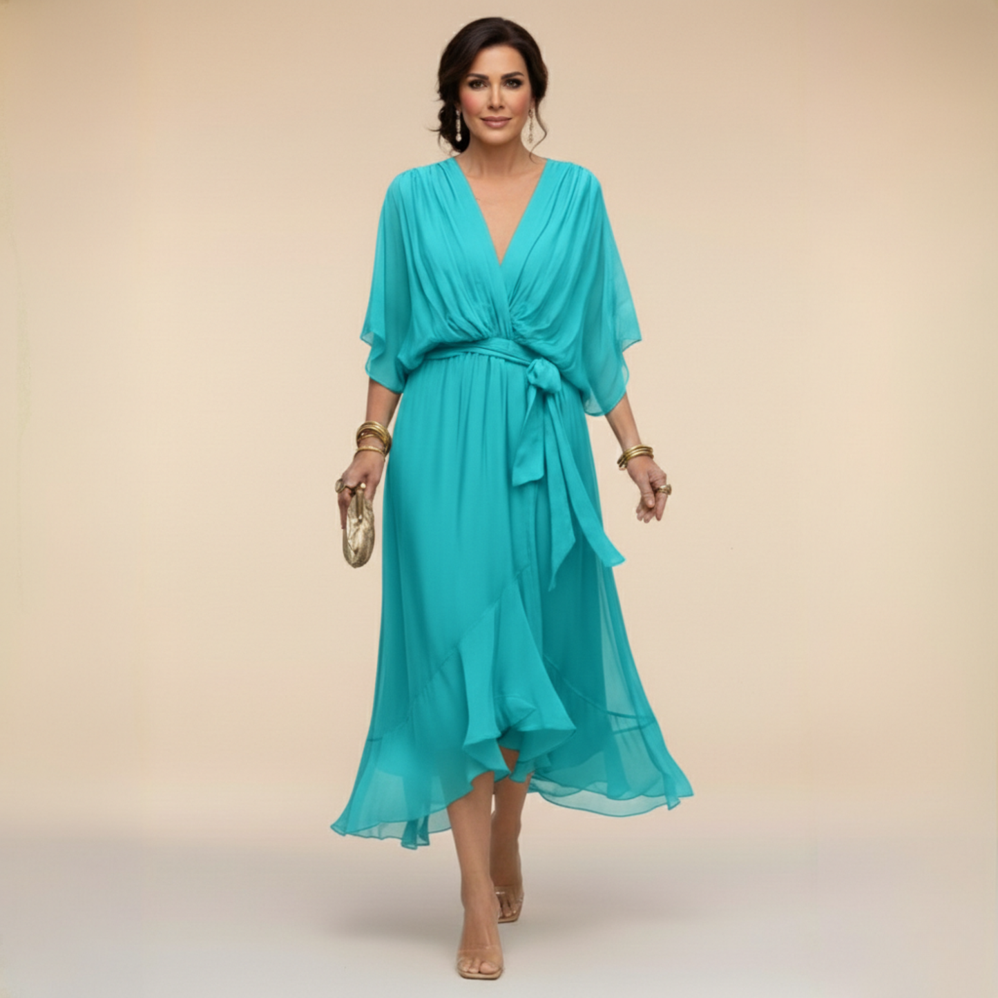 Robe Femme Chiffon Fluide Col en V Ceinturée