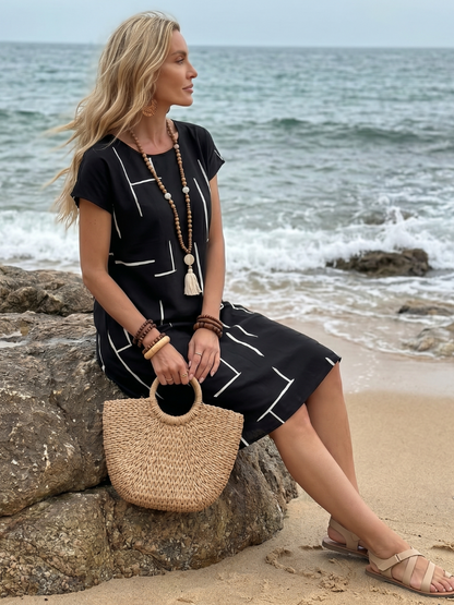 Robe Midi Femme Coton Lin Manches Courtes Coupe Décontractée