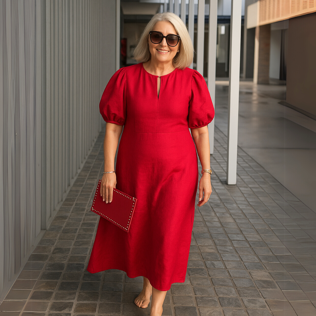 Robe Midi Femme Col en V Manches Bouffantes Fluide - PanierRoyale