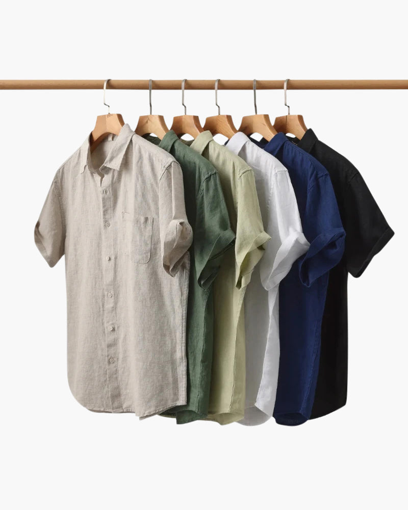Chemise Homme Lin Coton Court Manches avec Poche Poitrine