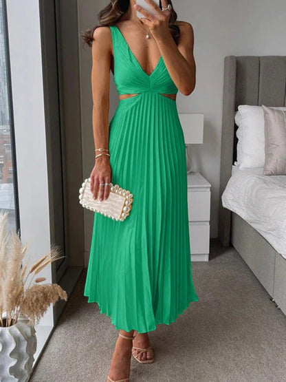 Robe Femme Élégante Col V Sans Manches Mi-Longue