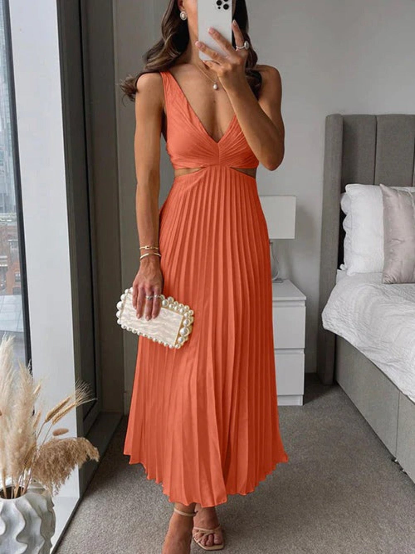 Robe Femme Élégante Col V Sans Manches Mi-Longue