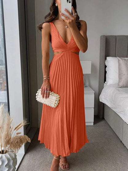 Robe Femme Élégante Col V Sans Manches Mi-Longue