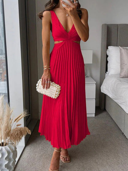 Robe Femme Élégante Col V Sans Manches Mi-Longue