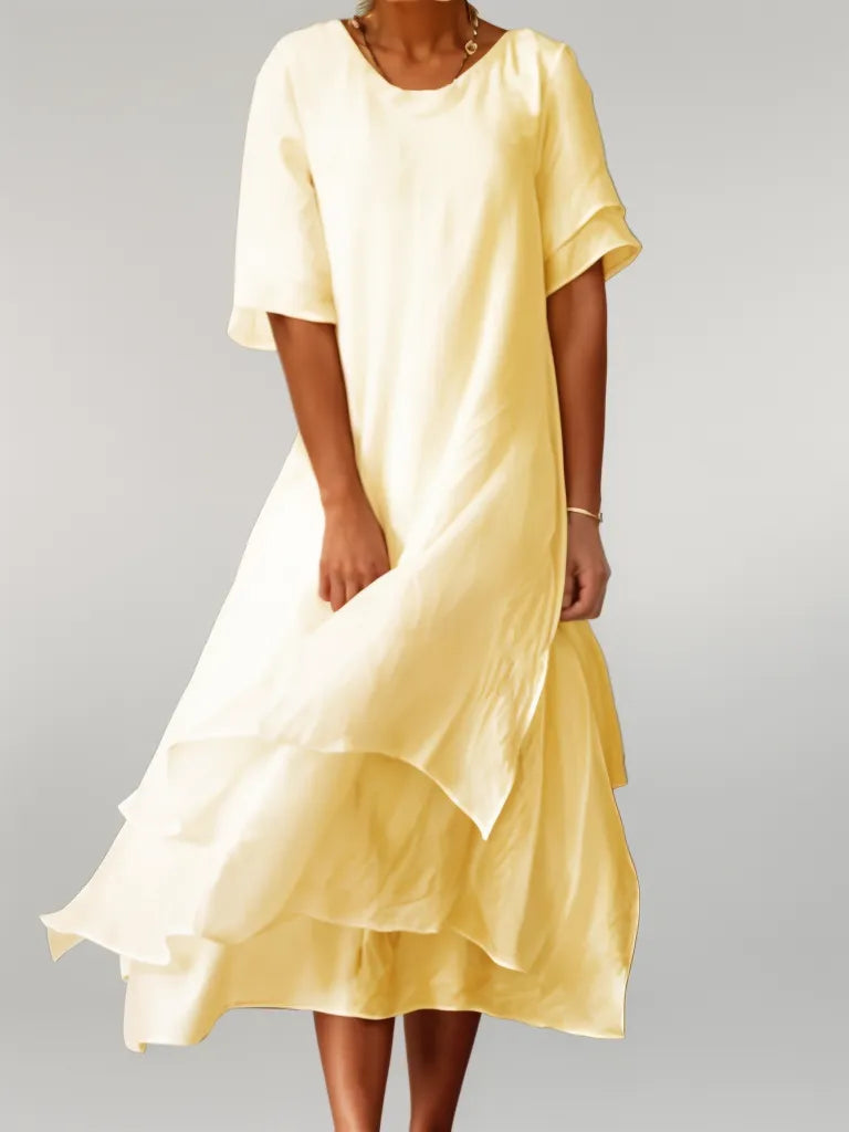 Robe Longue Femme Coton Fluide Col Rond Manches Courtes