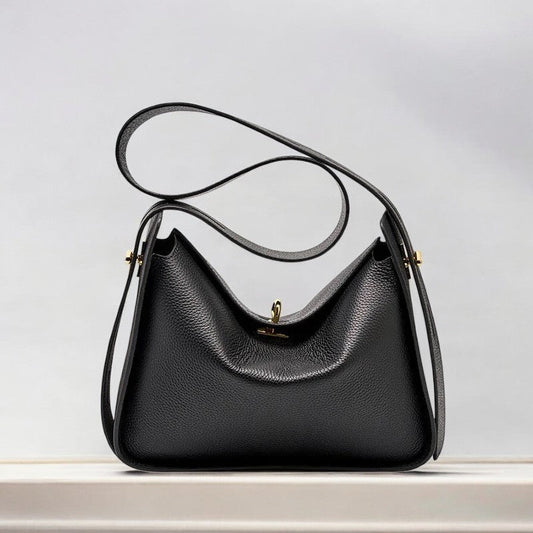 Sac à Main en Cuir Véritable avec Fermeture à Tour, Poignée Supérieure et Détails Dorés - BerlinGlamour