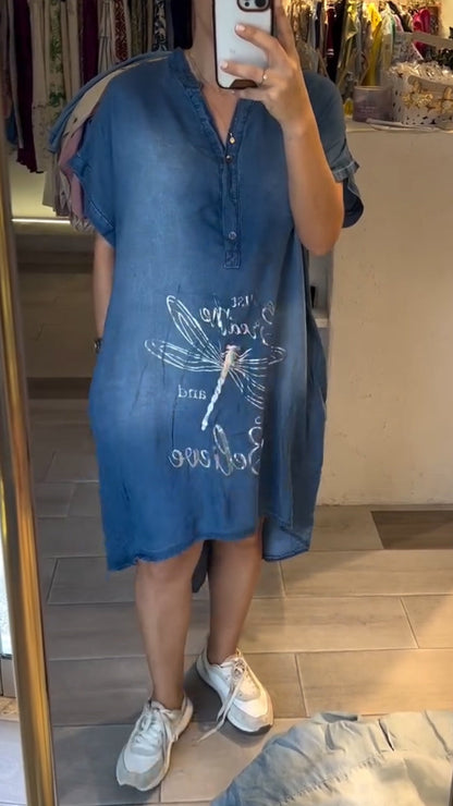 Robe Femme Jean Coupe Ample Col V Boutonnée Manches Longues