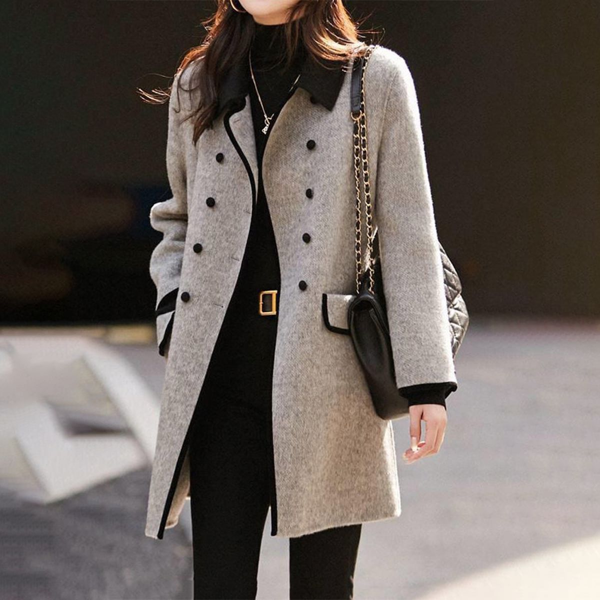 Manteau Femme Noir Double Bouton avec Col Reversible