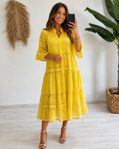 Robe midi Femme Dentelle Ajourée Boutons Manches Volantées